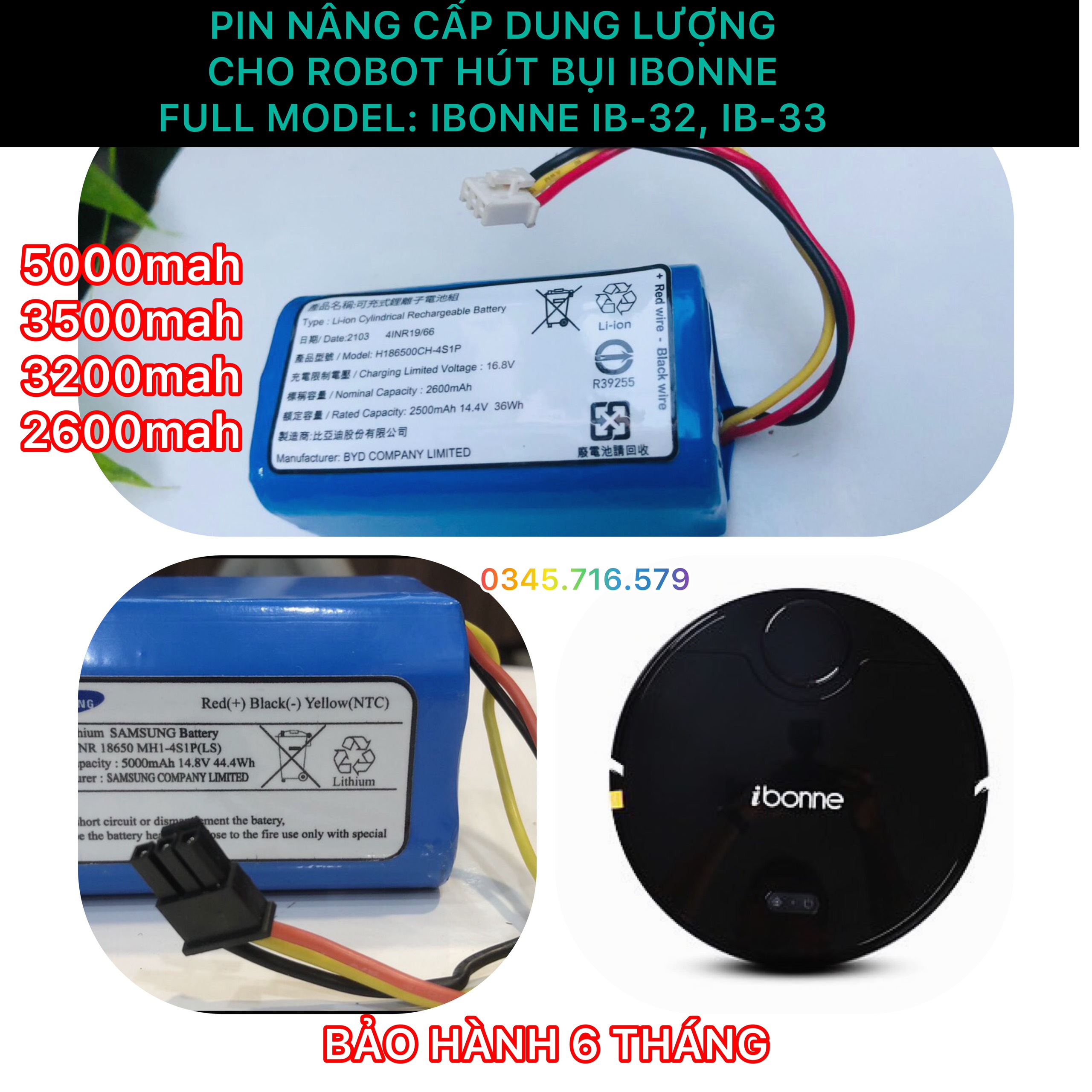 PIN ROBOT HÚT BỤI IBONNE CÁC MODEL: IB-32, IB-33 (LG 3500MAH BẢO HÀNH 9 THÁNG)