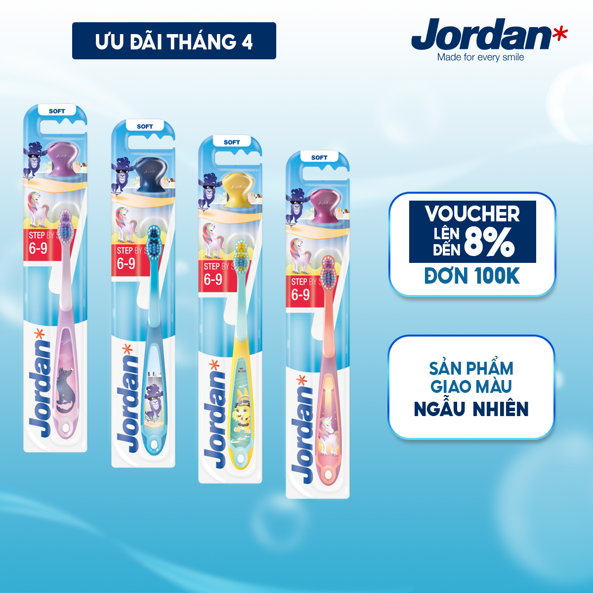 [Giao màu ngẫu nhiên] Combo 4 Bàn chải đánh răng Jordan trẻ em lông tơ mềm bước 3 cho bé 6-9 tuổi, xuất xứ Na Uy