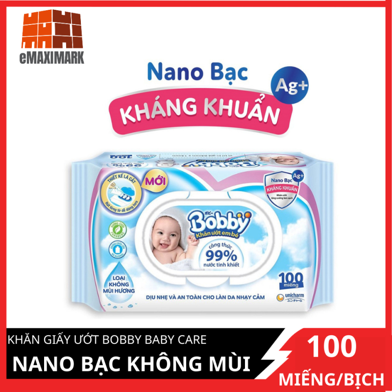 [HCM]Khăn giấy ướt Bobby Baby Care Nano bạc không mùi 100 miếng/bịch