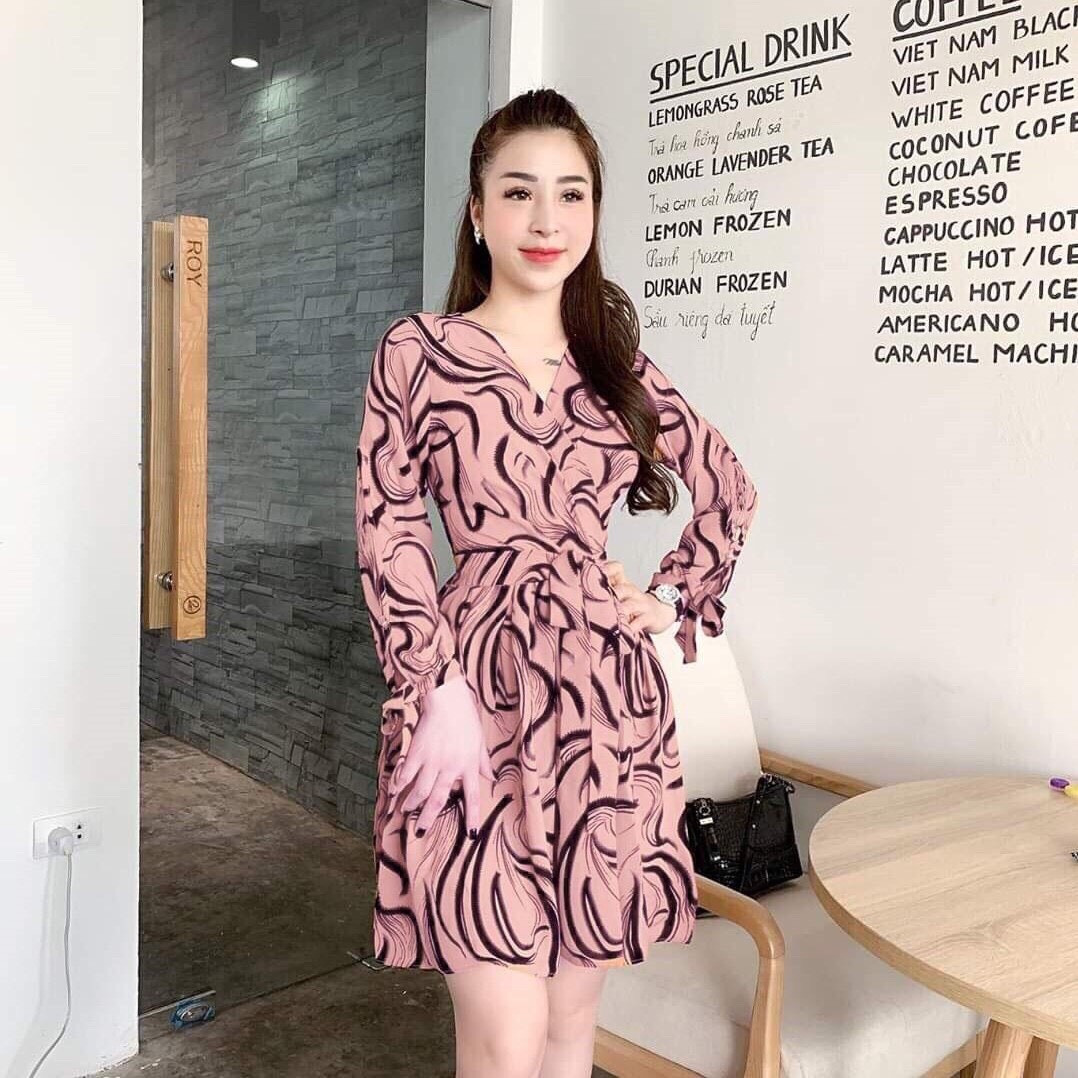 [HCM]Đầm nữ cổ sơ mi họa tiết cột eo