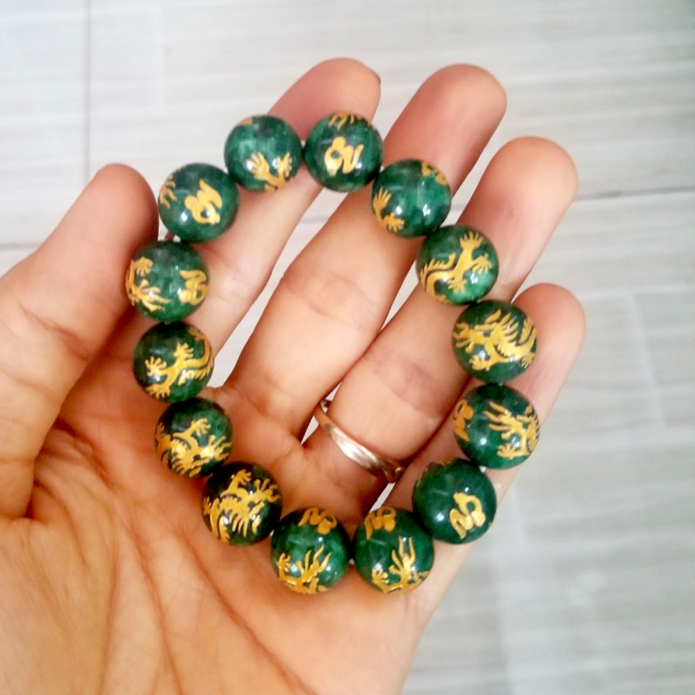 [HCM]Vòng tay chuỗi đá mã não xanh khắc hình rồng vàng-Nhiều cỡ ly