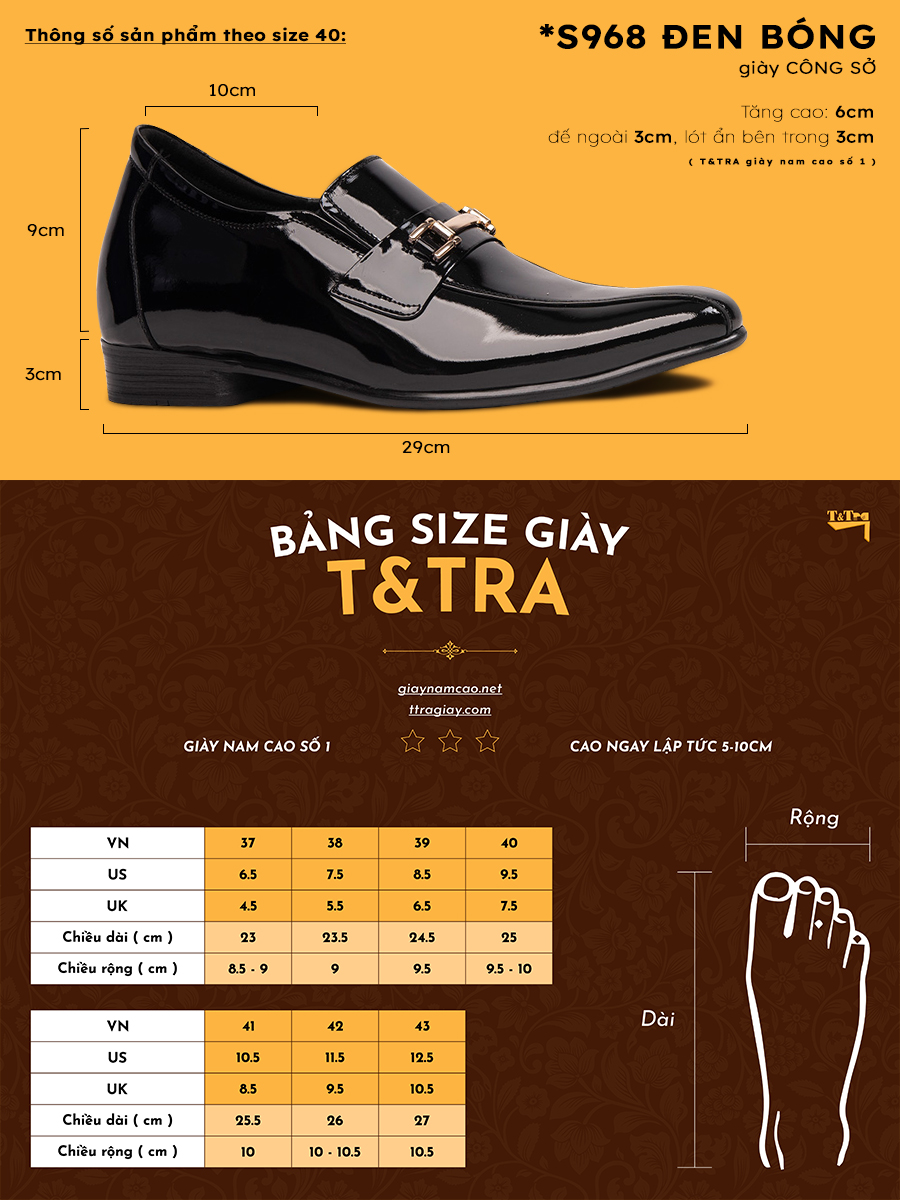[ 6CM ] Giày Tăng Chiều Cao Nam T&TRA S968 Đen Bóng