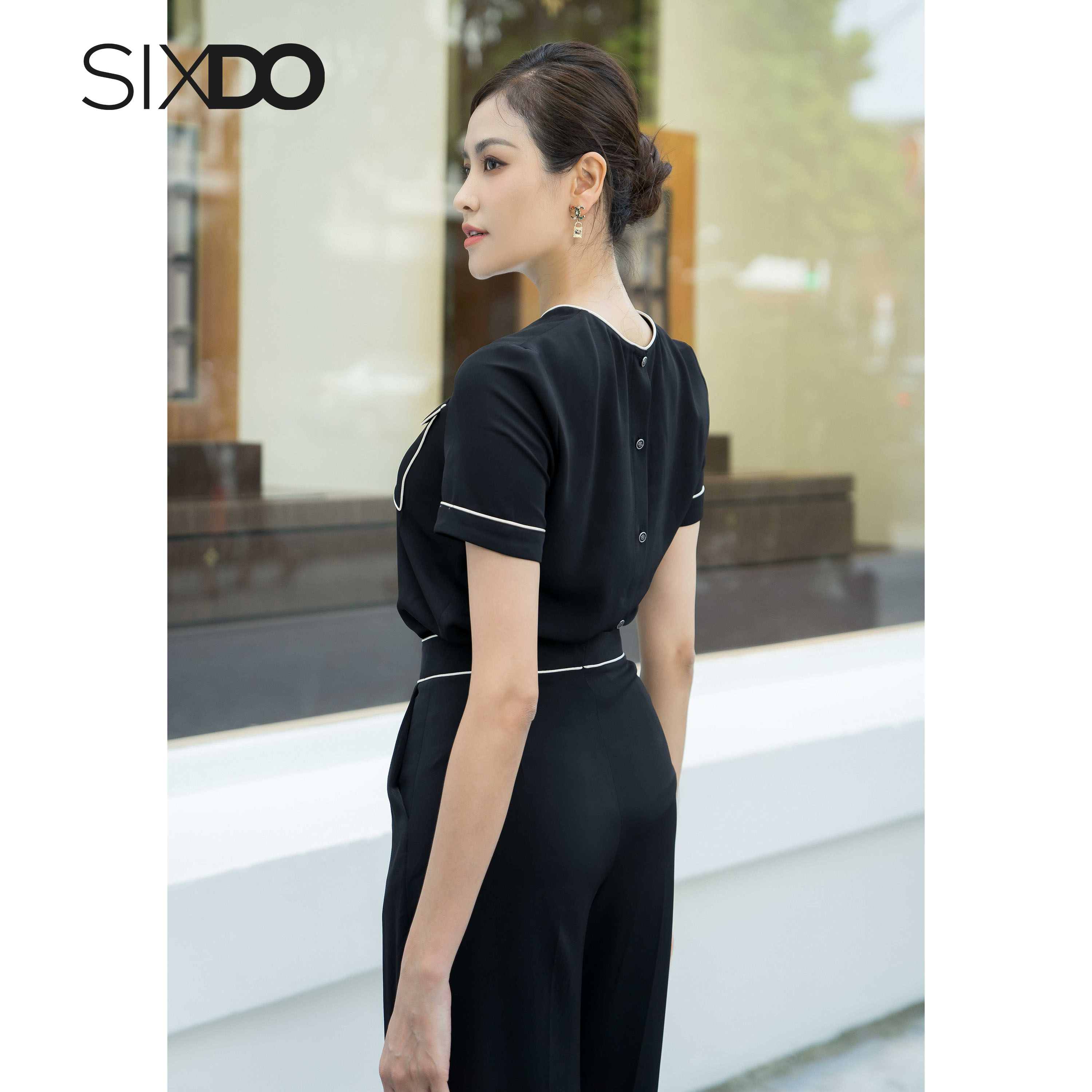 Áo lụa kiêu nữ ngắn tay phối viền trắng SIXDO (Short Sleeves Silk Top)
