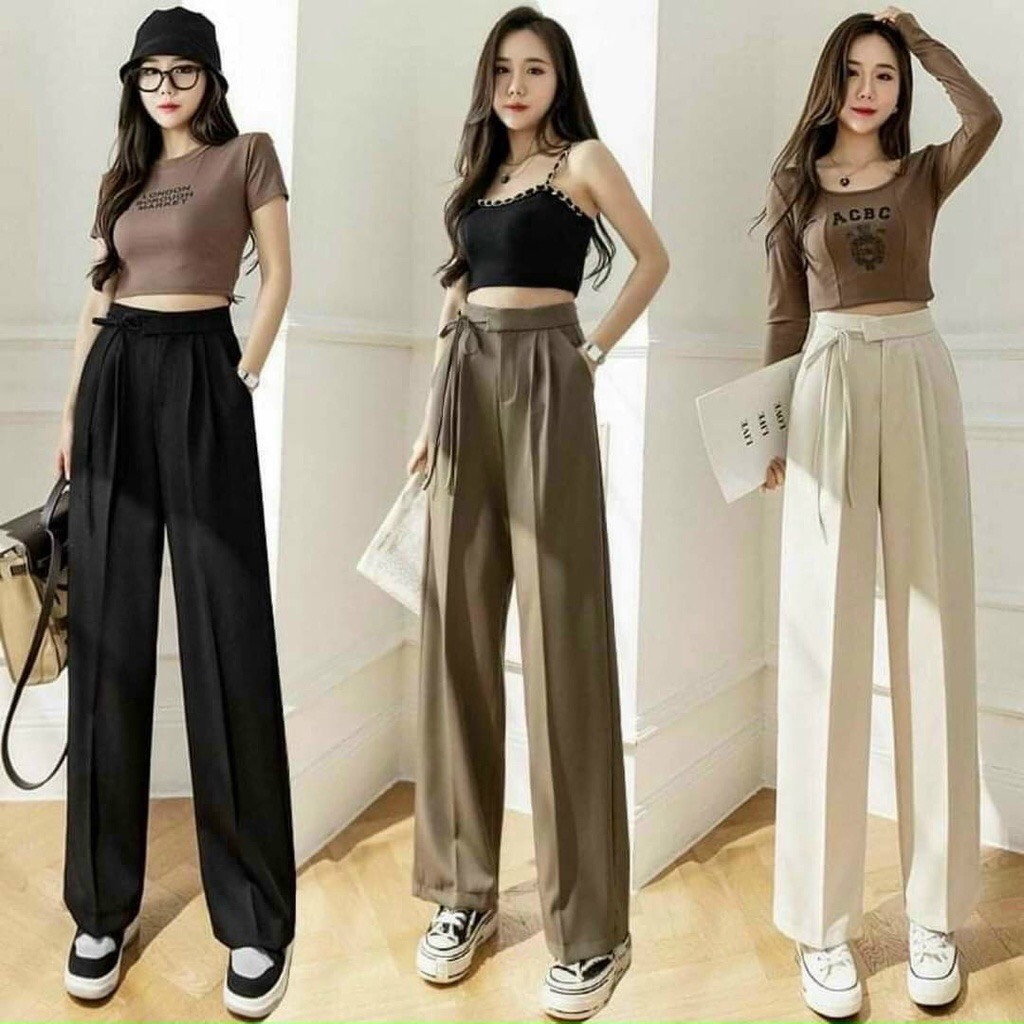 Quần suông ống rộng phối dây cột nơ cho nữ-mã 234