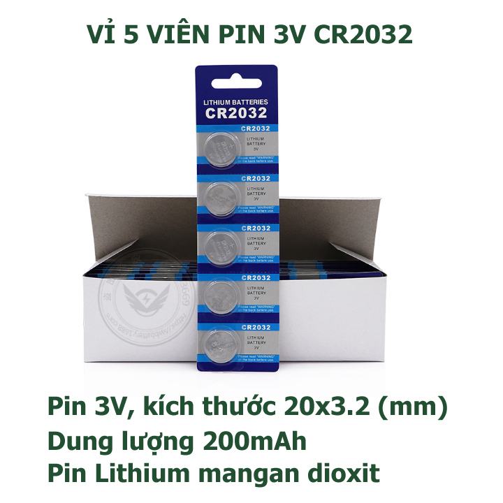 Vỉ 5 viên pin CR2032 3V Lithium dung lượng 200mAh công tắc điều khiển từ xa điều khiển từ xa