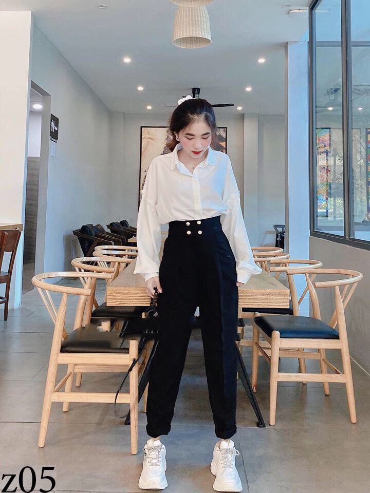 [HCM]Sét bộ nữ áo sơ mi tay dài kèm quần dài đính nút