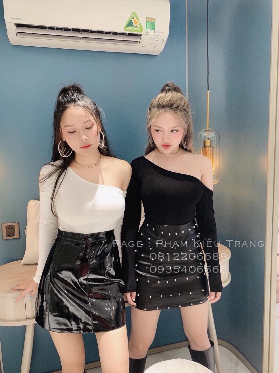 Áo Thun Lụa Tay Dài Kiểu Lệch Vai Xéo Hình Chiếc Lá Quyễn Rũ TTSL0188