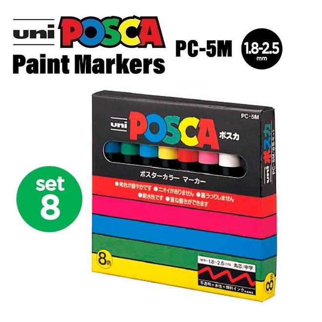 Set bút vẽ trên nhiều chất liệu Uni Posca Paint Marker PC-5M bám bền trên các bề mặt như giấy gỗ thủy tinh nhựa kim loại
