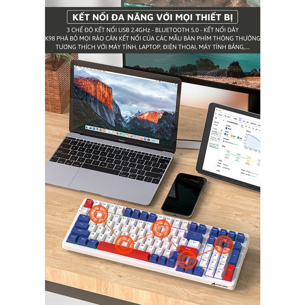 Bàn Phím Cơ Máy Tính Kết Nối Không Dây, Có Dây Cao Cấp K98BT Led RGB Nhiều Chế Độ Full Size Phím Cắt CNC Xuyên Sáng