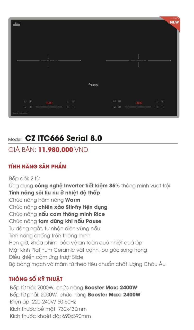 Bếp từ đôi CANZY CZ ITC 666 Seri 8.0