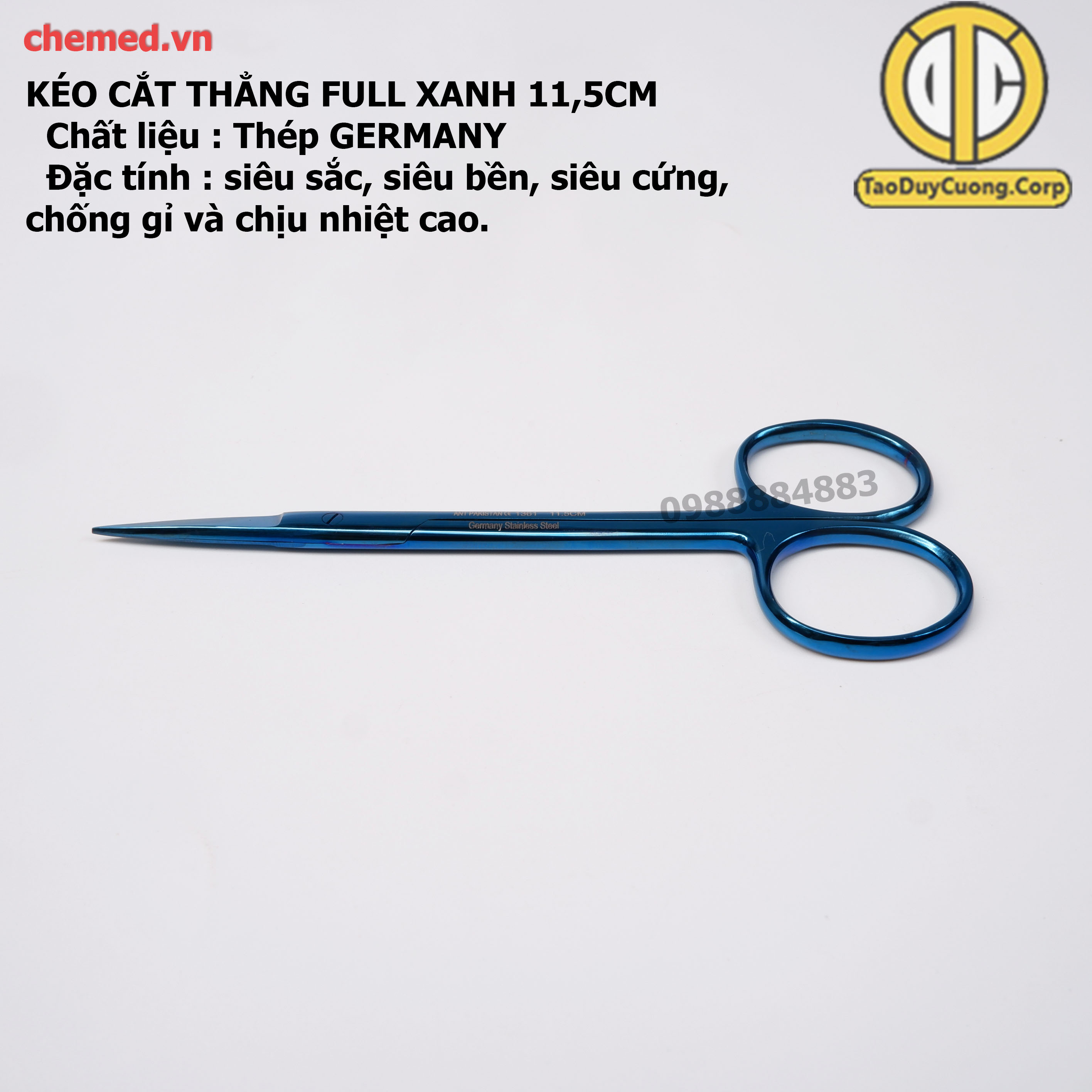 Kéo cắt chỉ cong và thẳng dùng trong thẩm mỹ, phẫu thuật, full xanh dài 11,5 cm