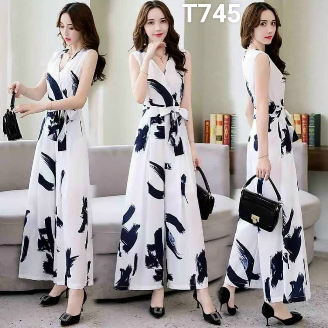 [HCM]Jumpsuit dài sát nách họa tiết cao cấp, bộ đồ bay dạo phố dáng dài lụa T745
