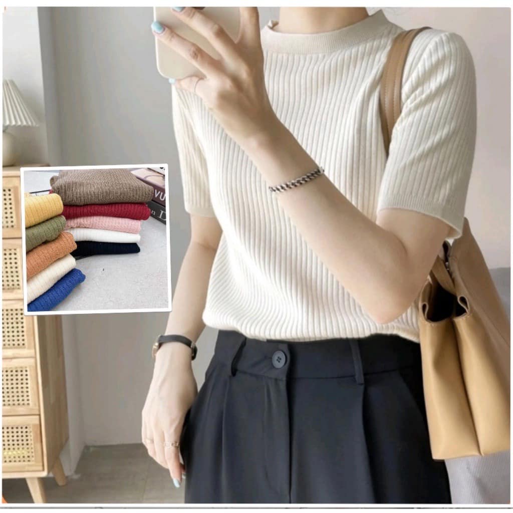 Áo len đũa cộc tay cổ tròn