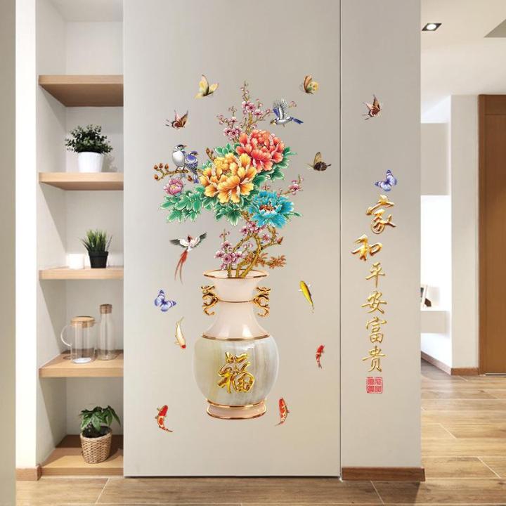 Sticker Tranh Dán Tường, Decal dán tường lọ hoa đào SK2019AB Chất lượng in kỹ thuật cao cho màu sắc chân thật