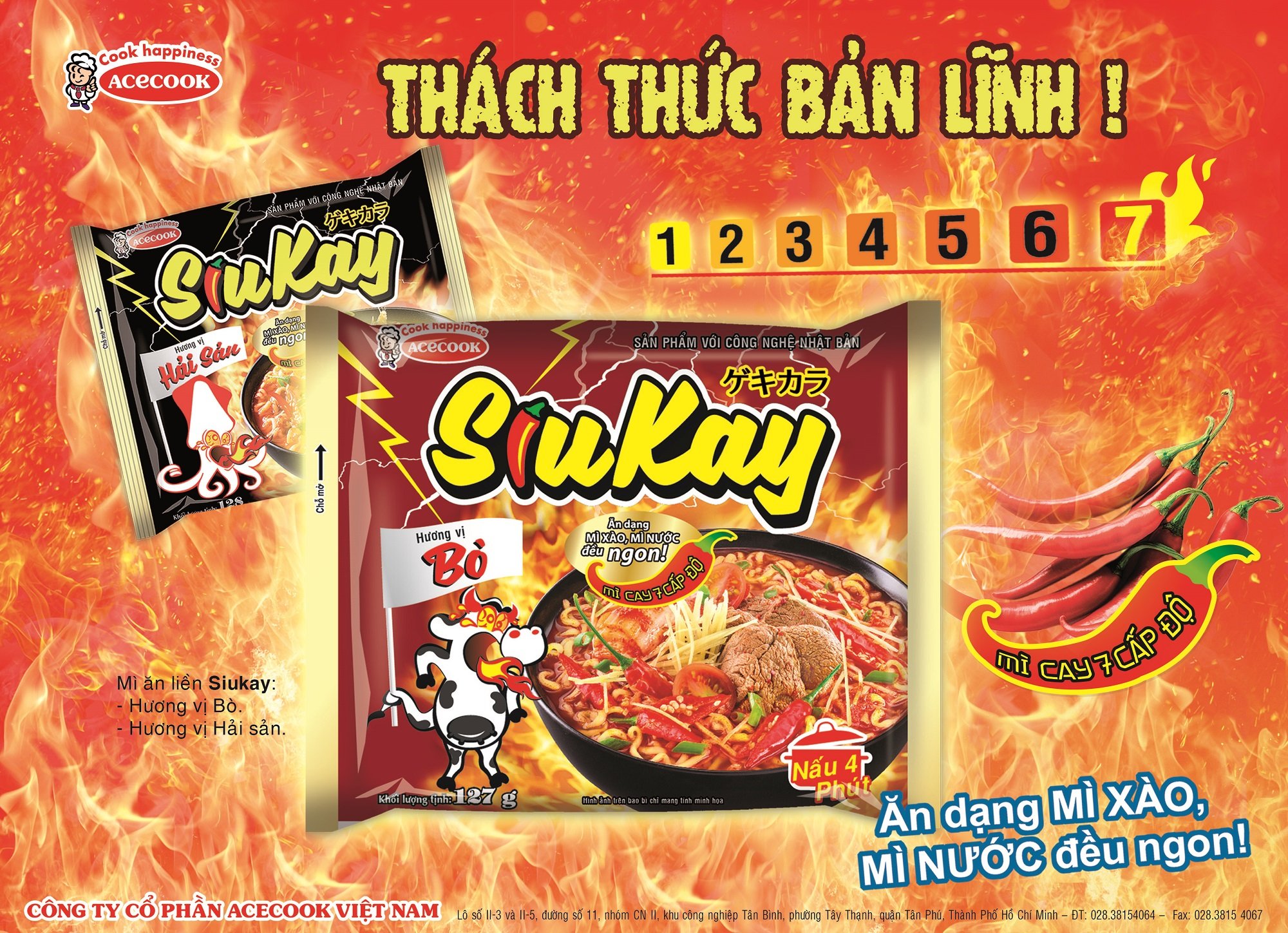 Thùng mì Siukay vị Bò/Hải sản Acecook (24 gói x 127-128g)