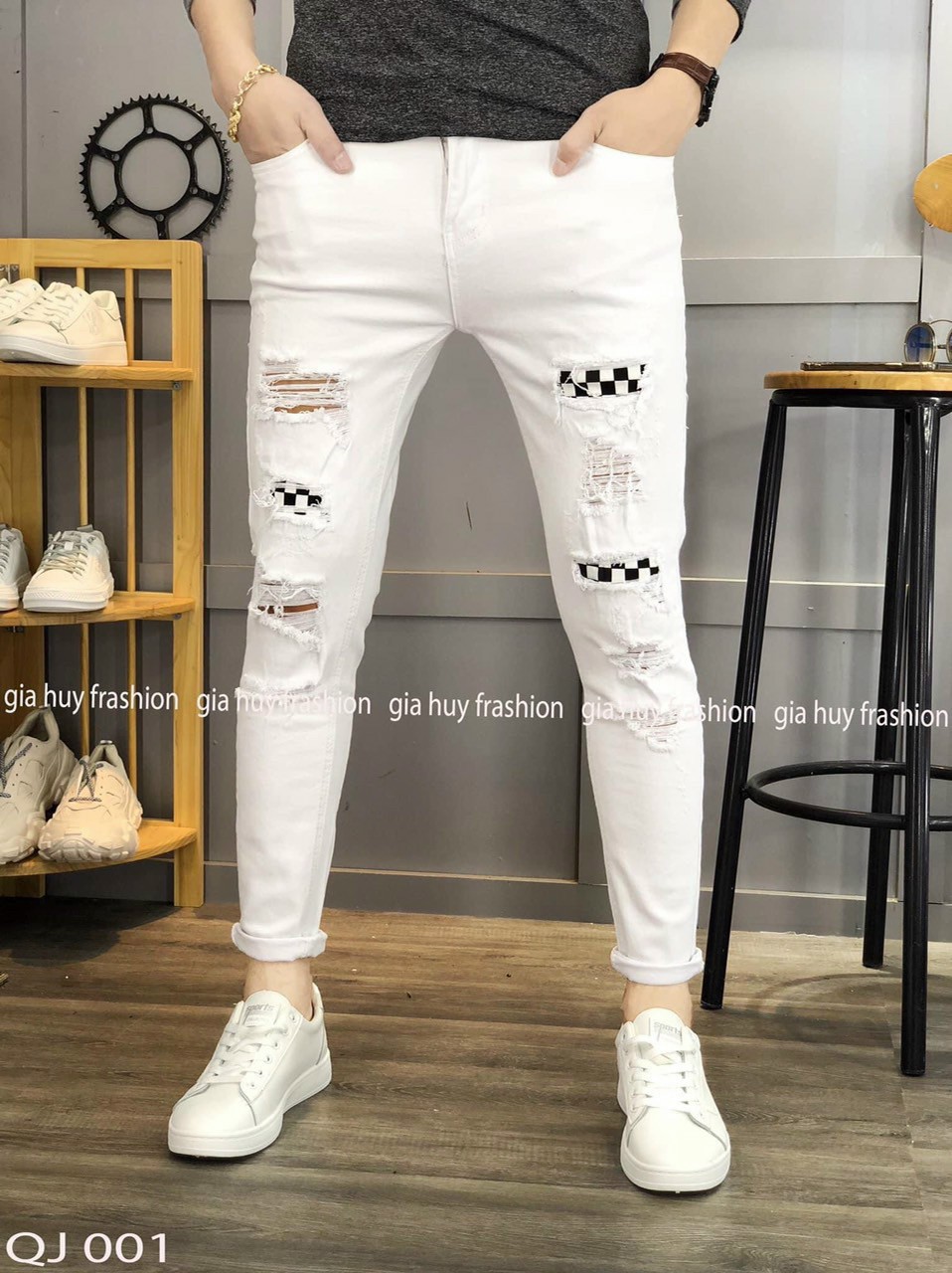 Quần jean nam màu trắng rách đầu gối cao cấp  - quần jean nam chất bò phong cách Hàn Quốc Binstore94 BT001