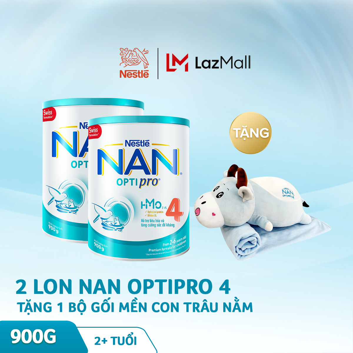 [FREESHIP TOÀN QUỐC]Bộ 2 lon sữa bột Nestle NAN Optipro 4 HM-O cho trẻ trên 2 tuổi 900g + Tặng 1 bộ gối mền con trâu nằm trị giá 250K (quà độc quyền) (mẫu mới)