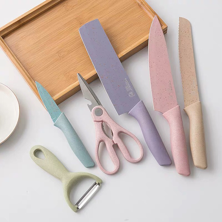 Bộ 6 dao INOX cho nhà bếp lưỡi dao bằng thép không gỉ phủ sứ màu sắc xinh xắn