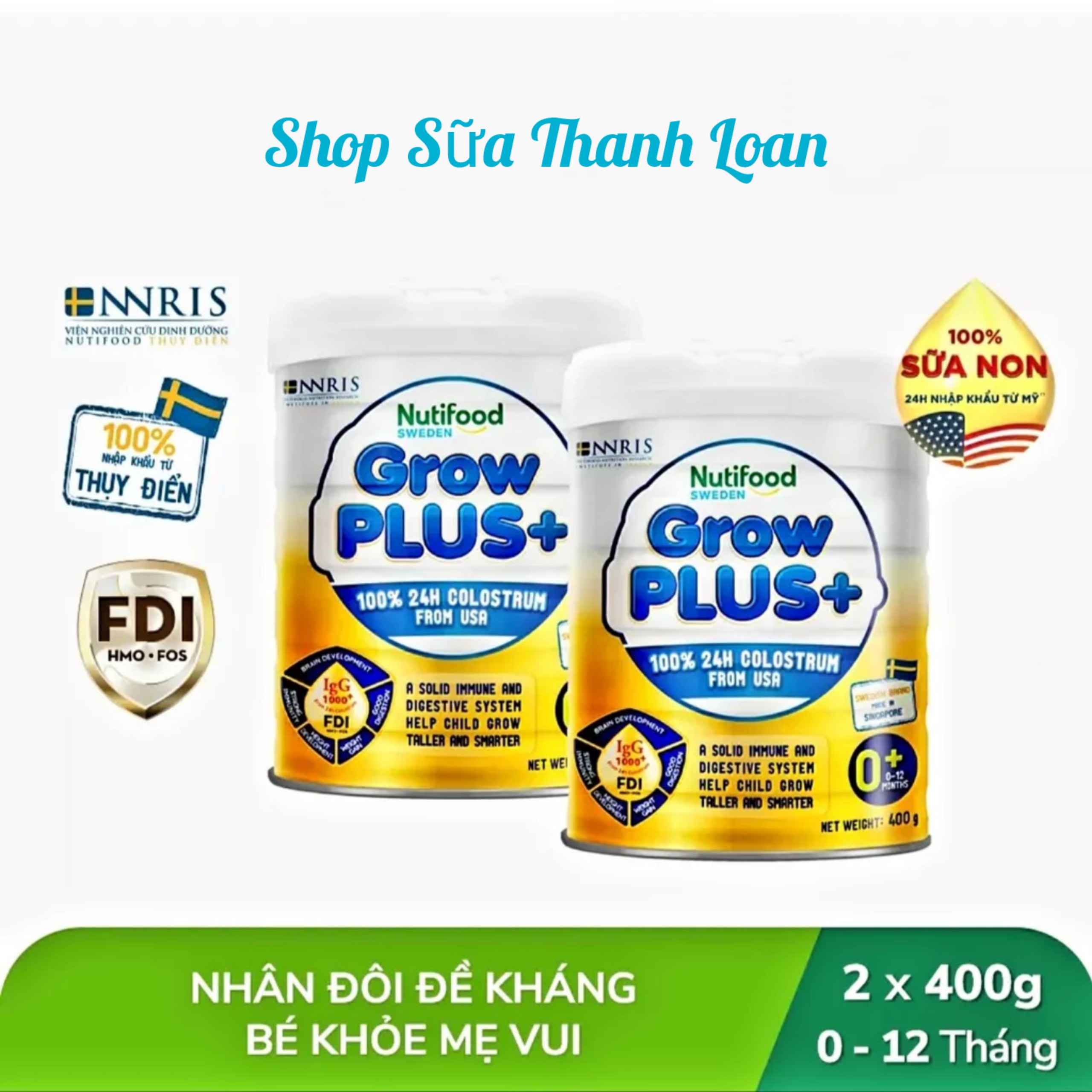 Combo 2 lon sữa bột vàng nutifood growplus 0+ 800g .