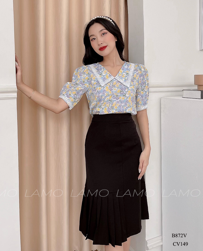 ÁO SƠ MI HOA CỔ V PHỐI REN -B872