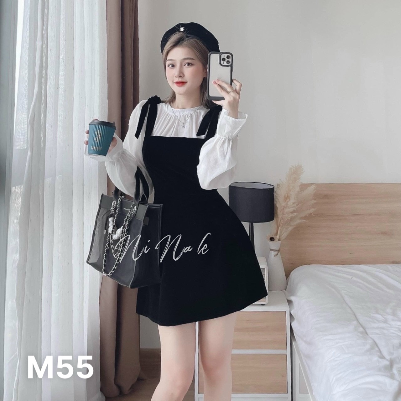 Đầm yếm nữ áo voan tay dài xếp ly chất liệu lụa M55