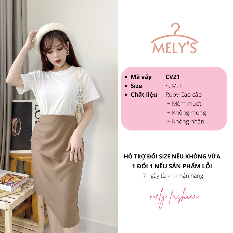 Chân váy dài qua gối xẻ tà Midi Hàn Quốc nhún eo giấu bụng phong cách trẻ trung sang trọng có big size Mely Fashion CV21