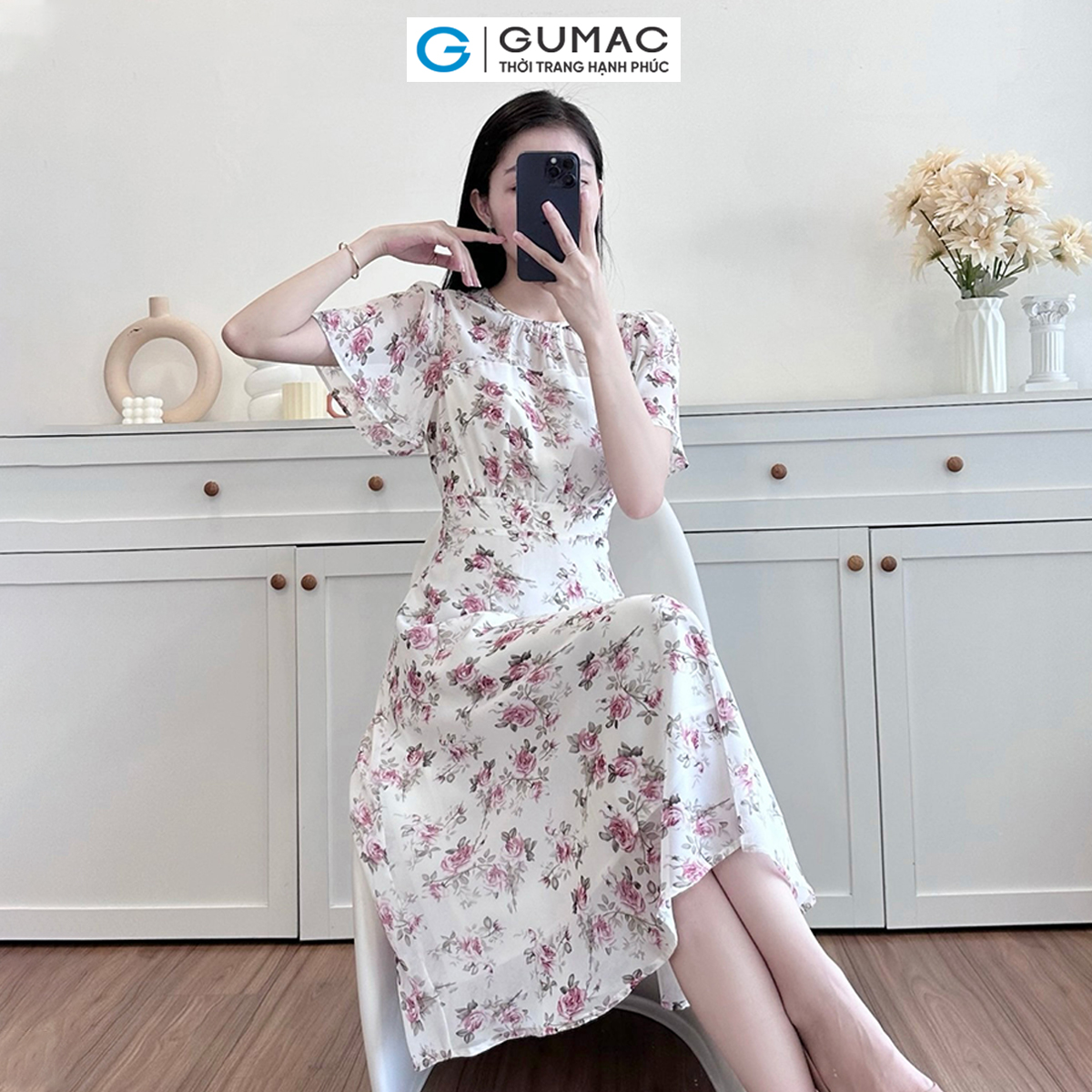 [15 - 17.6 |Voucher 8-15%] Đầm nữ dáng A công sở GUMAC LDD1217 nhún eo phối nút trang trí
