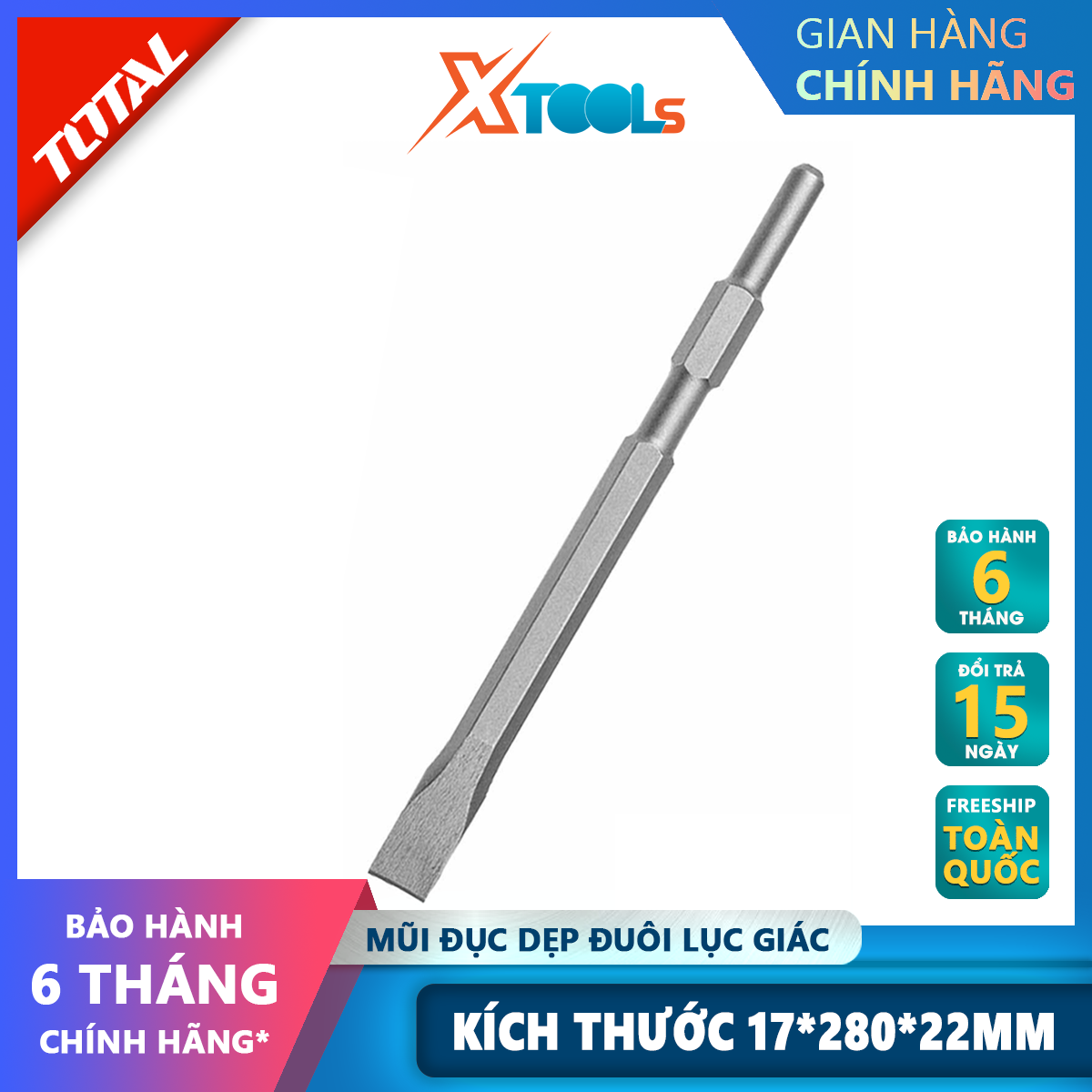 Mũi đục dẹp đuôi lục giác total tac153172 | mũi đục dẹp size 17x280x22mm, độ bền cao, chịu nhiệt