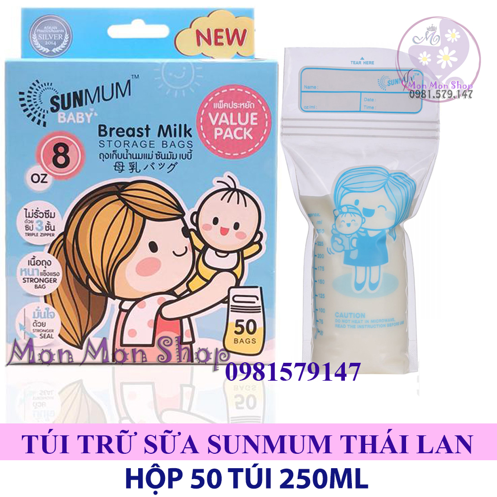 Nguyên tem Hộp 50 túi trữ sữa SUNMUM Thái Lan 250ml
