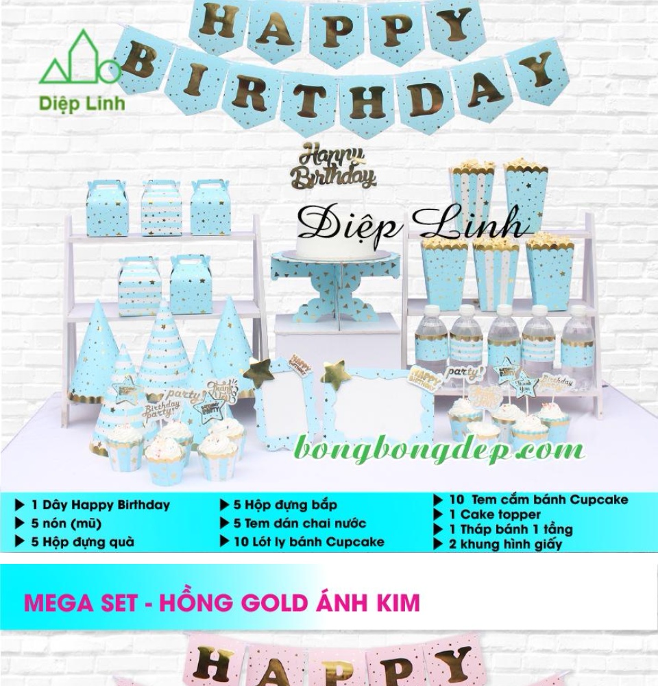 Set Mega Bàn Tiệc Trang Trí Sinh Nhật Dành Cho Bé Ép Kim