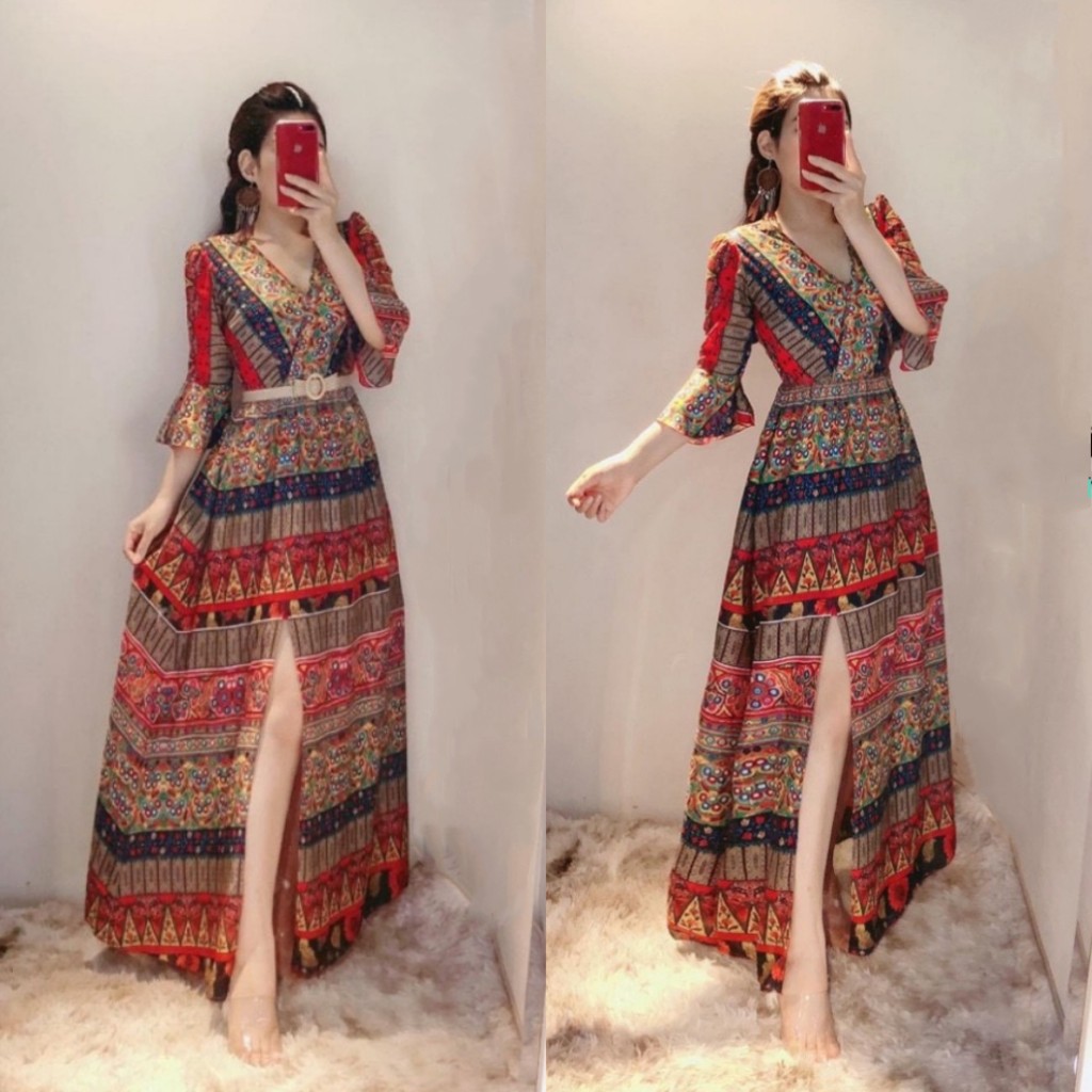 Đầm Maxi Thổ Cẩm Đi Biển Chất Lụa Mango Đẹp LH69