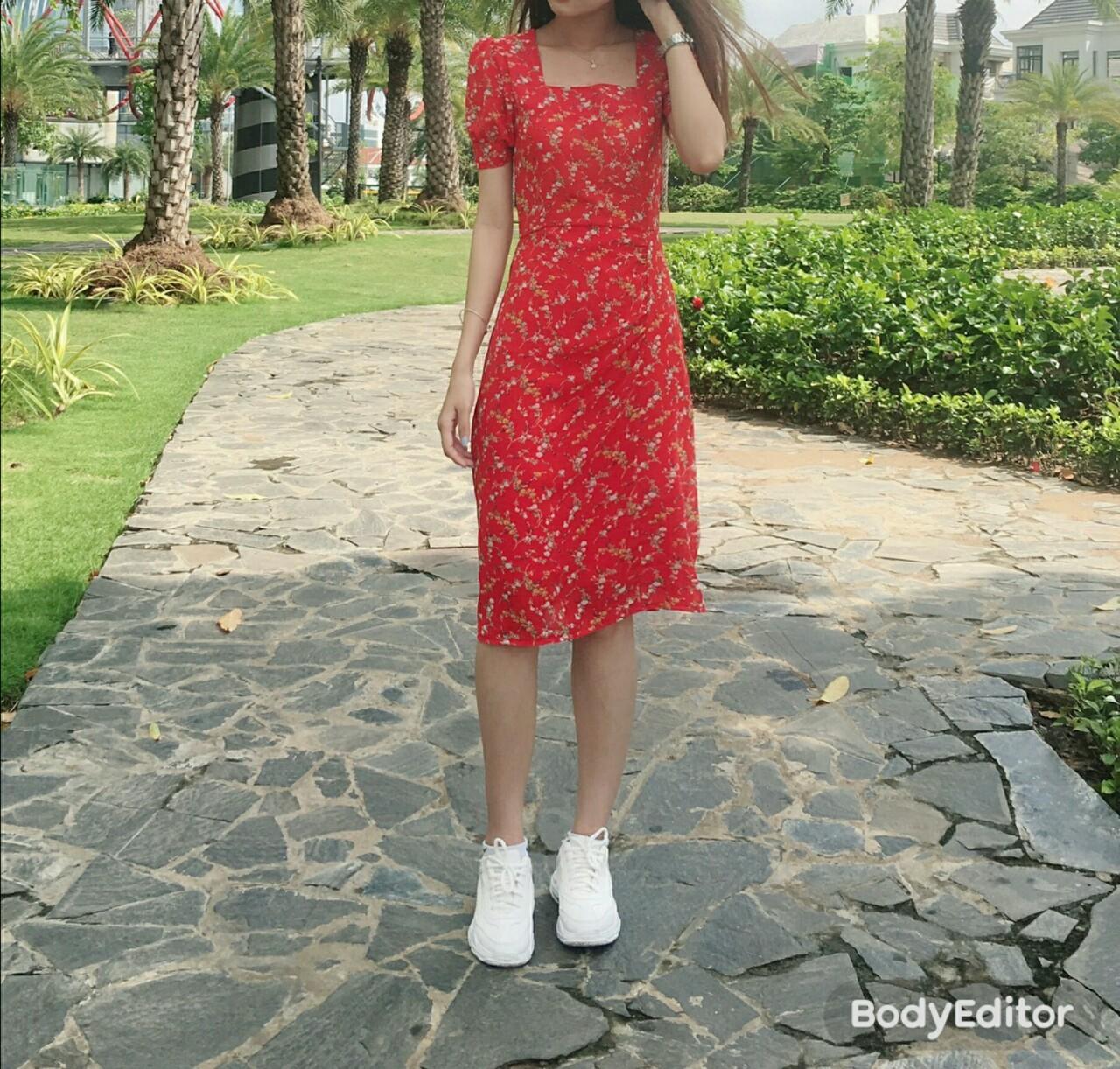 [HCM]Đầm Hoa nhí cổ vuông tay phồng