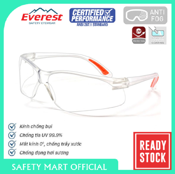 top Kính bảo hộ Everest EV201 chống đọng sương chống bụi tia UV hóa chất bắn vào mắt