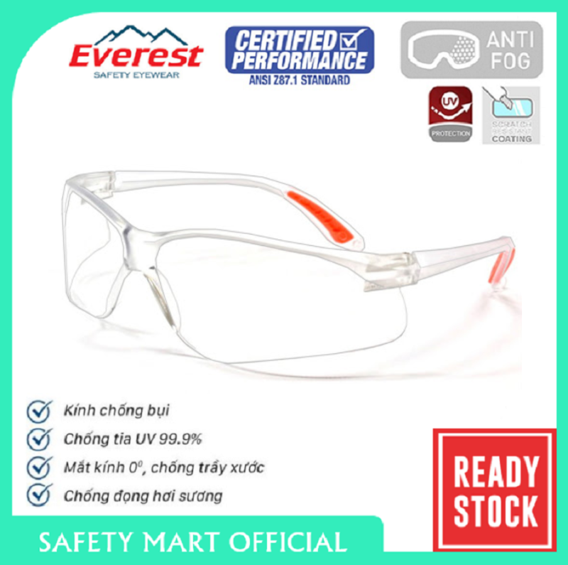 top Kính bảo hộ Everest EV201 chống đọng sương chống bụi tia UV hóa chất bắn vào mắt