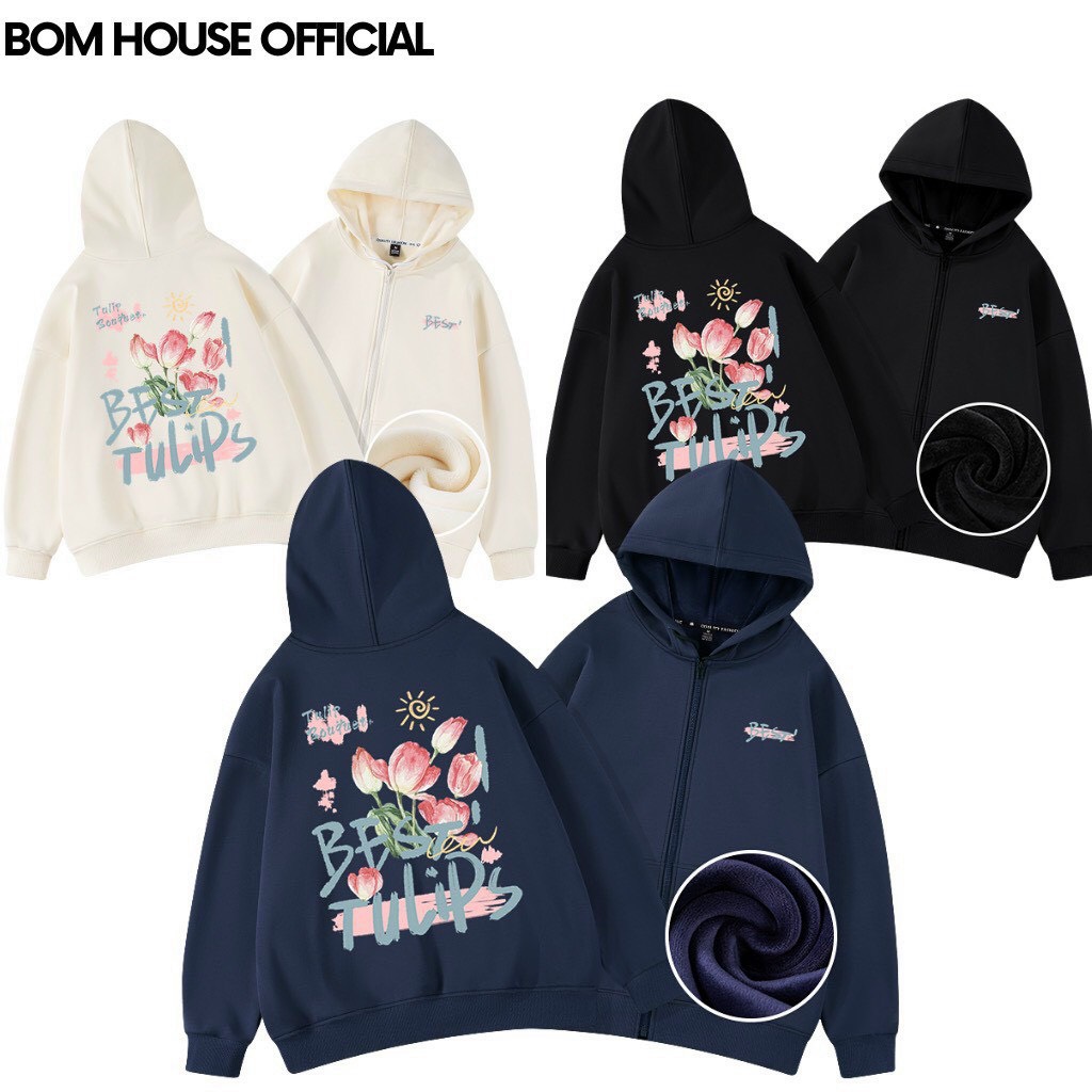 Áo Khoác Hoodie Cặp Đôi Nam Nữ Form Rộng Họa Tiết Hoa Tulips Có Nón Chống Nắng Cao Cấp