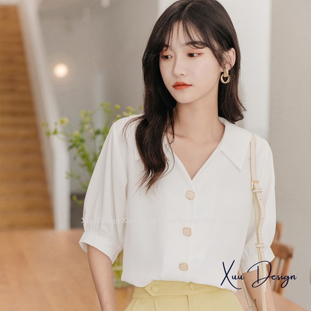 Áo sơ mi nữ kiểu cổ V Xuu , kiểu dáng basic trơn tay lỡ thời trang - SP44