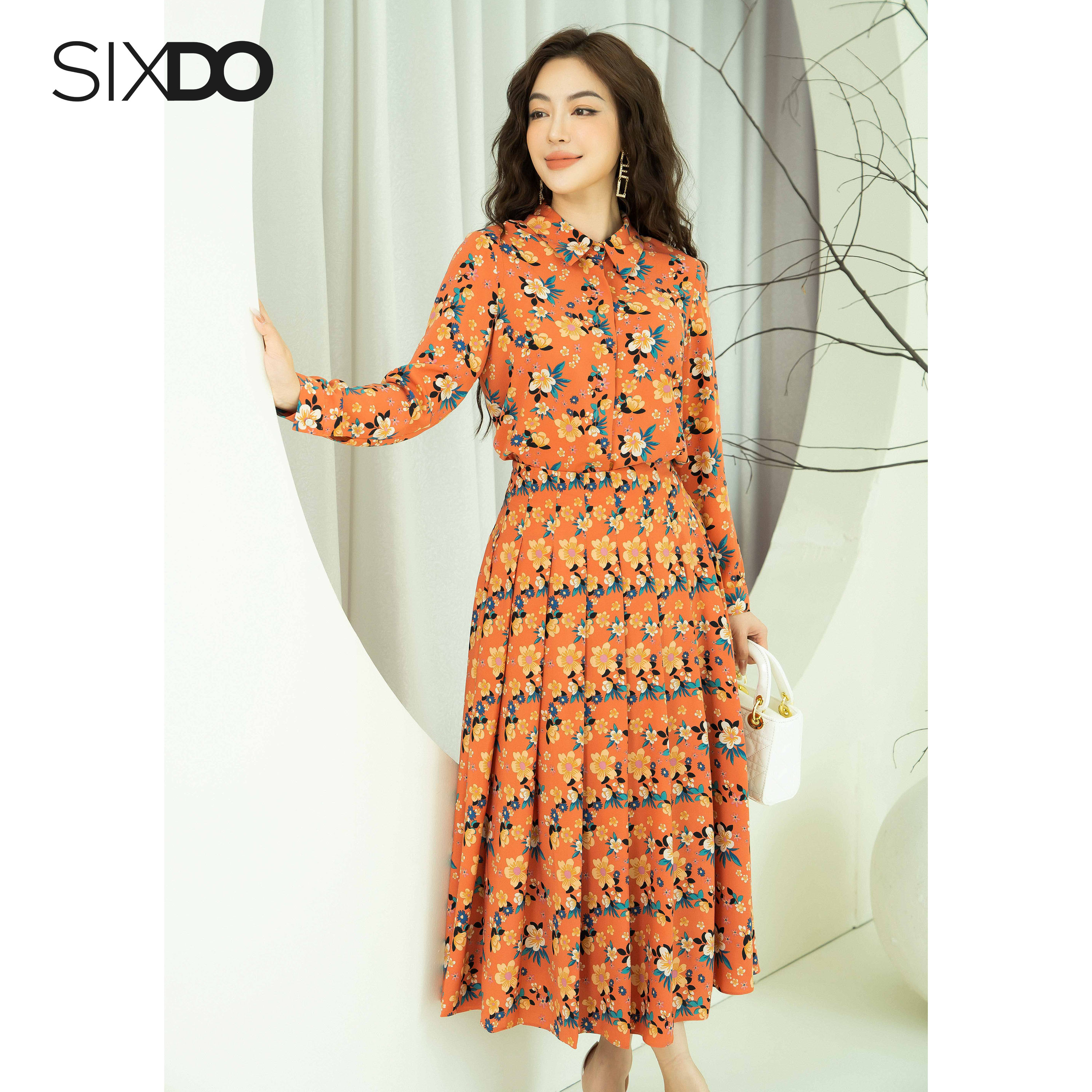 Áo sơ mi nữ lụa SIXDO (Orange Floral Long Sleeves Silk Top)