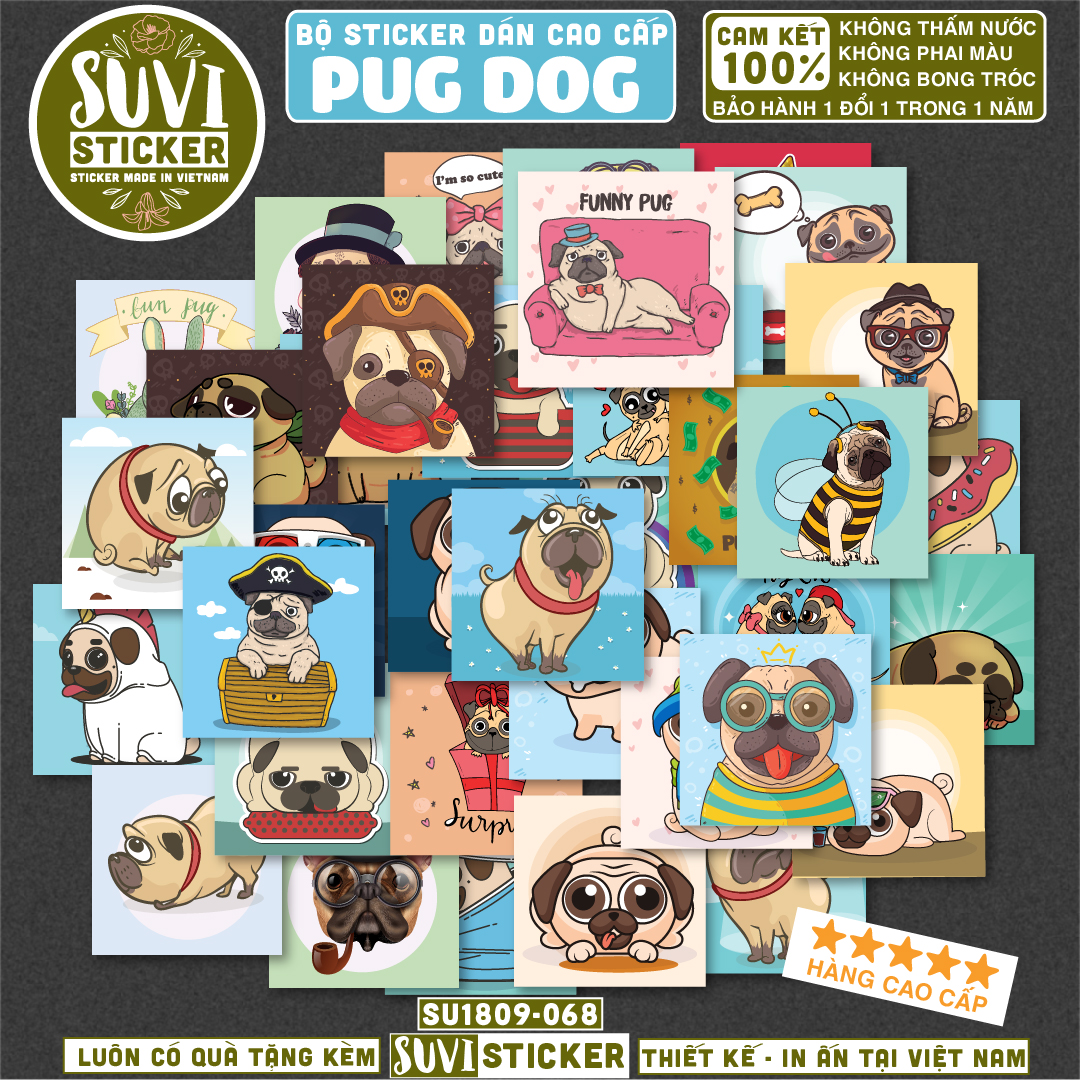 Sticker Chó Pug Dog chống nước dán laptop, điện thoại, đàn guitar, mũ ...