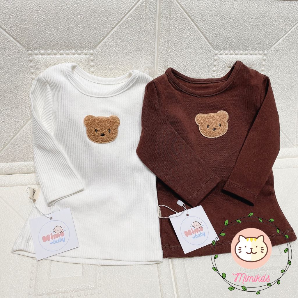 Áo dài tay đính gấu chất cotton cho bé trai , bé gái 2 màu trắng và nâu cho bé Mimikids QA32