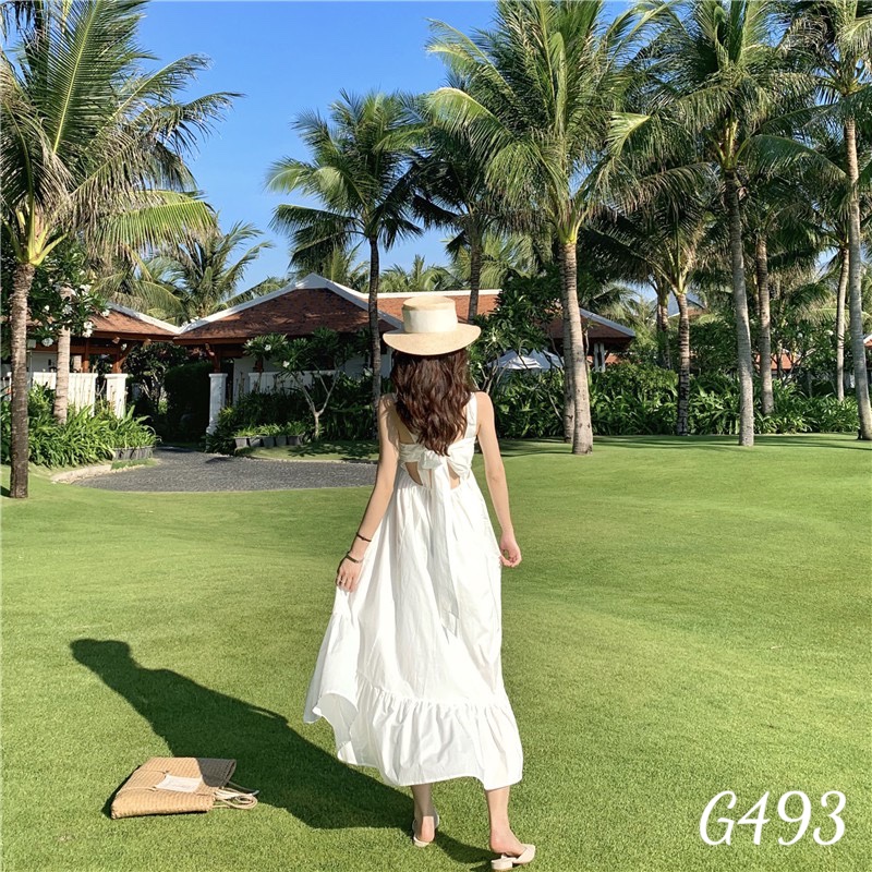 Đầm xoè nữ maxi đi biển kiểu nơ lưng voan lụa G493
