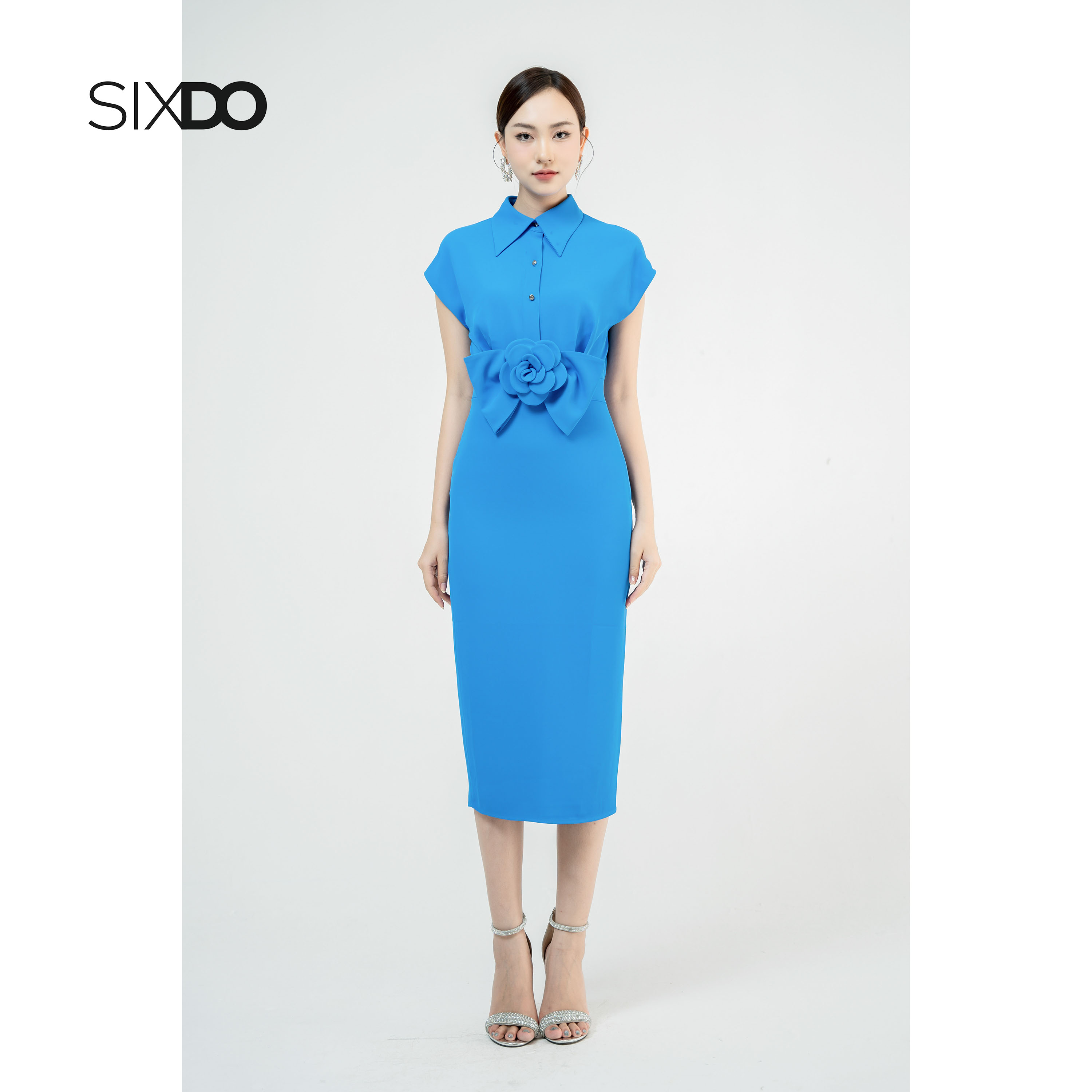 Đầm midi cổ sơ mi phối nơ hoa thời trang SIXDO