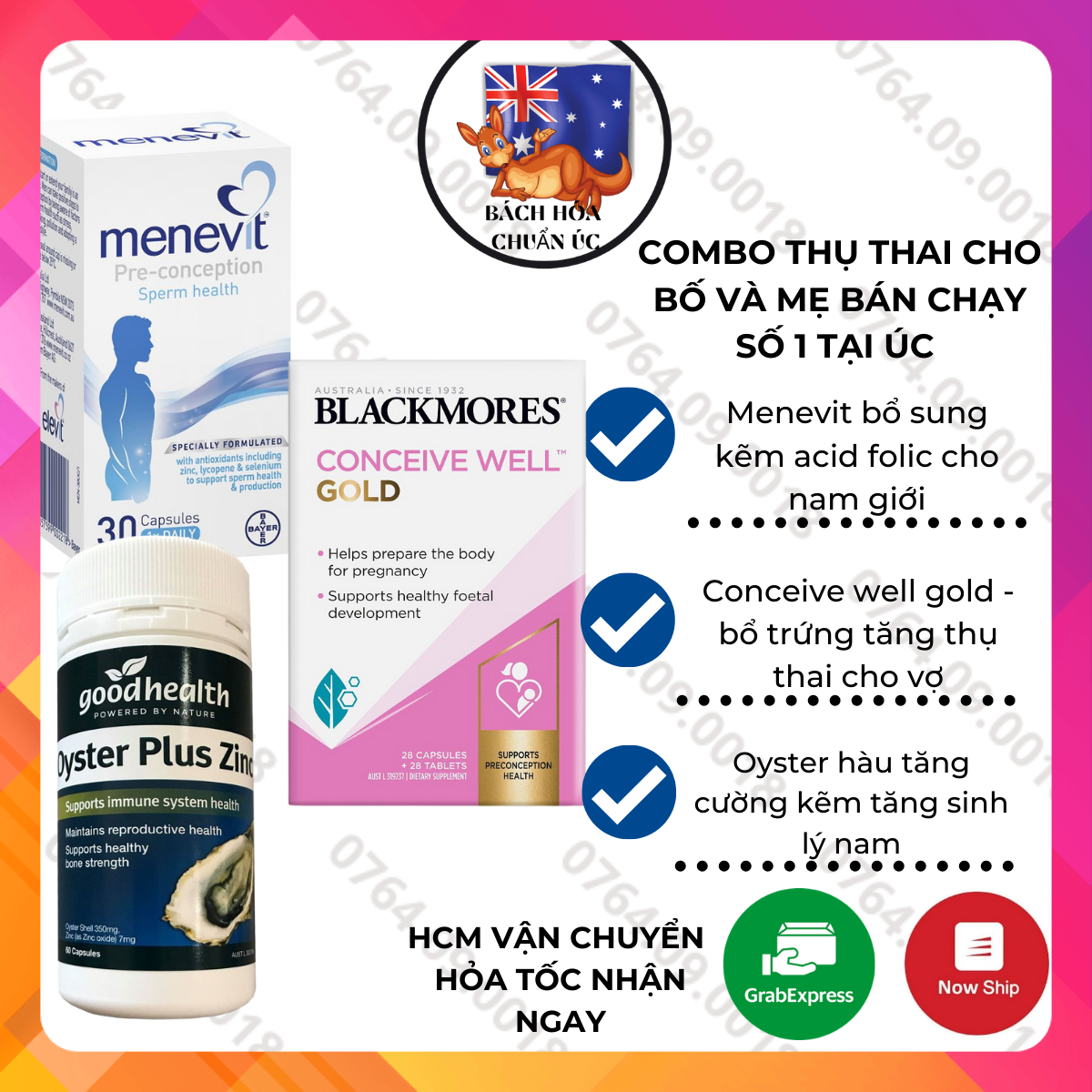 [Hàng chuẩn Úc] Combo Thụ Thai 3 món TĂNG THỤ THAI BỔ TRỨNG SĂN CỌP CON (Menevit + Hàu Oyster Plus + Blackmores Conceive Well Gold)