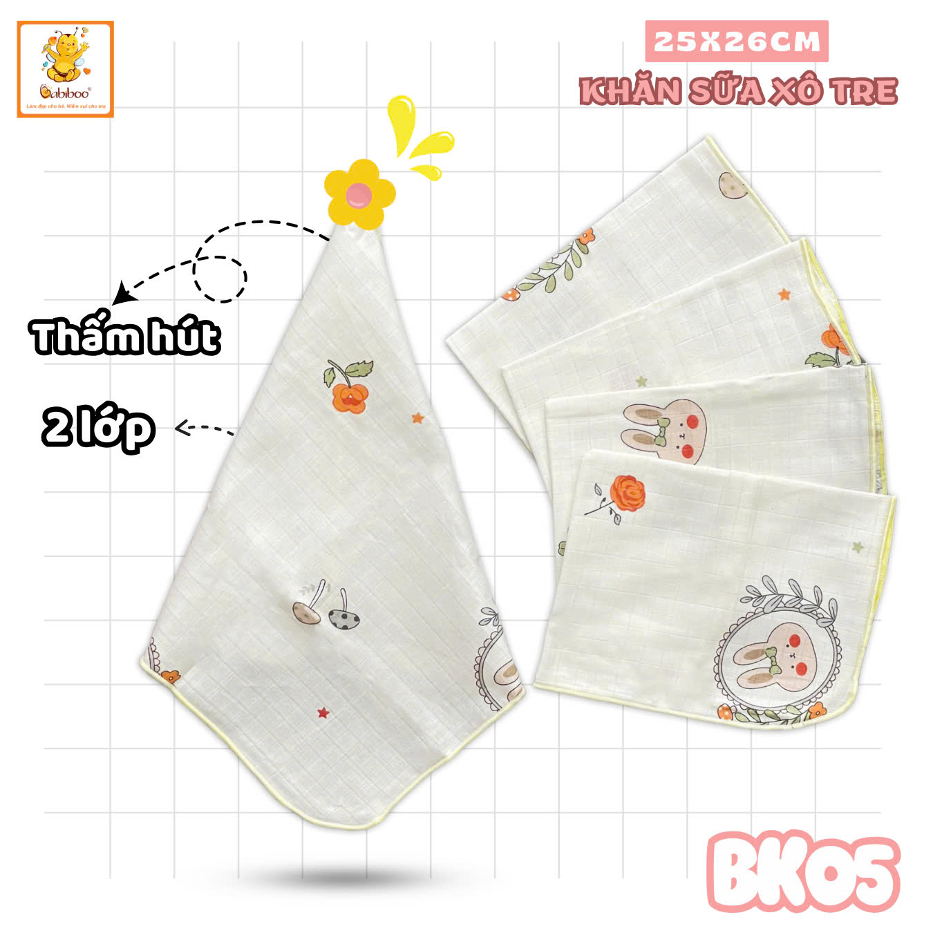 Khăn gạc sơ sinh BABIBOO khăn cho bé sơ sinh (SET 5 KHĂN) BK05