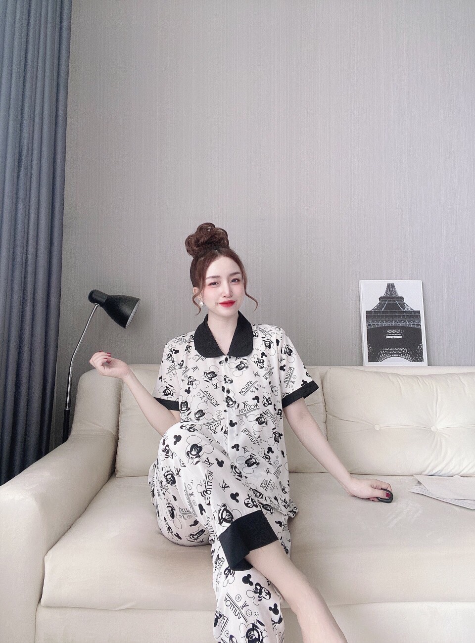 Đồ bộ mặc nhà Pizama lụa mango cổ sen phối - hình chụp thật