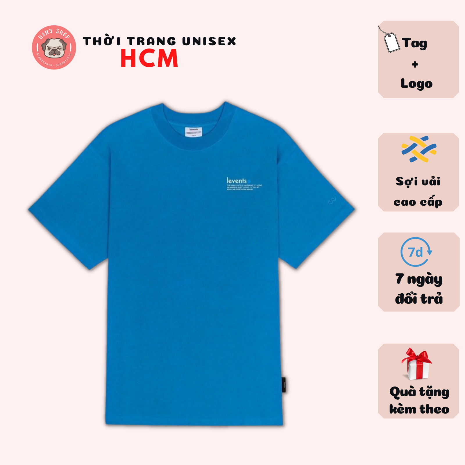 Áo thun Levents Popular Logo 2.0 màu xanh dương tay lỡ form rộng 40kg đến 90kg vải cotton dày mịn full tag Hany Fashion AL202