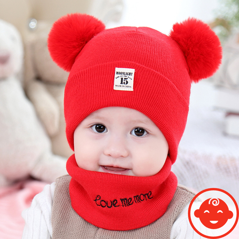 Mũ len 2 quả bông kèm khăn cho bé