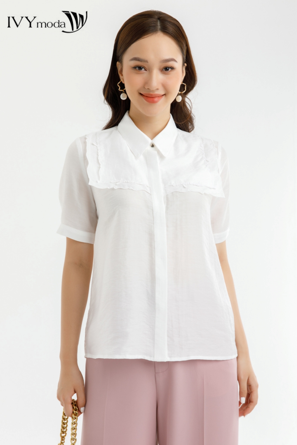 Áo sơ mi lụa thêu viền IVY moda MS 16M7643