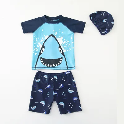 Tootplay 3 Pcs/set Baju Renang Lelaki Tops + Seluar + Hat Kartun Haiwan Lengan Pendek Bayi Pakaian Bayi