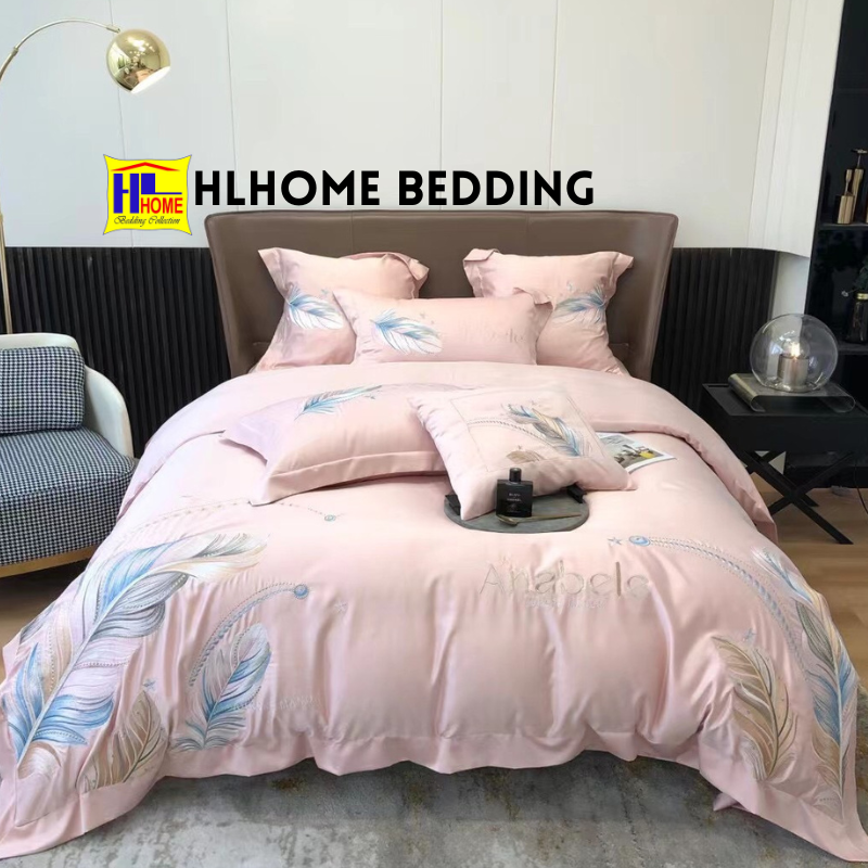 Bộ chăn ga gối Lụa silk thêu lông vũ Alabele
