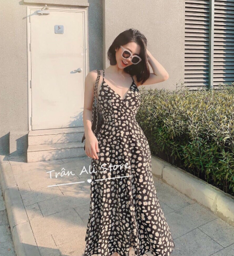 [HCM]Đầm maxi hai dây cúc họa mi cột nơ lưng cực đẹp